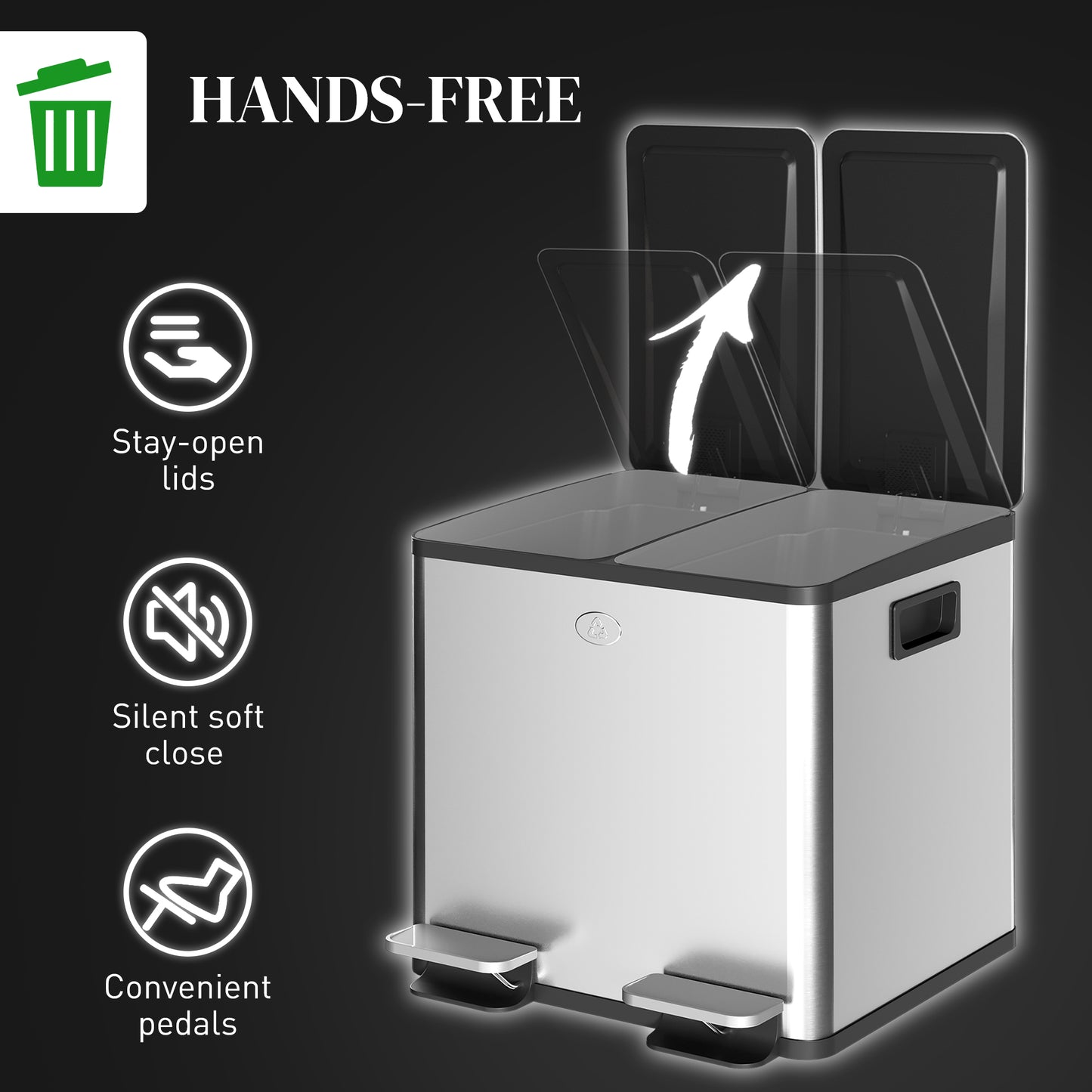 30L Dual Compartment Stainless Steel Bin, with Deodoriser Holders - Silver Tone