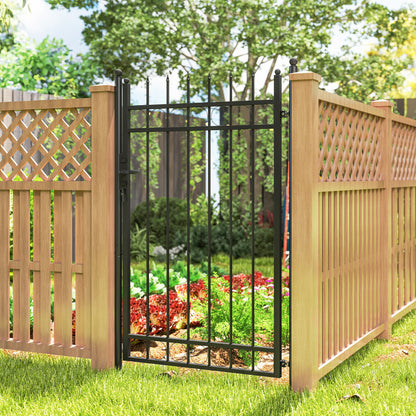 Galvanised Steel Garden Gate, Outdoor Fence Gate Security Barrier with Lock, Keys and Handle W/ Classic Finials, 105 x 204 cm, Black