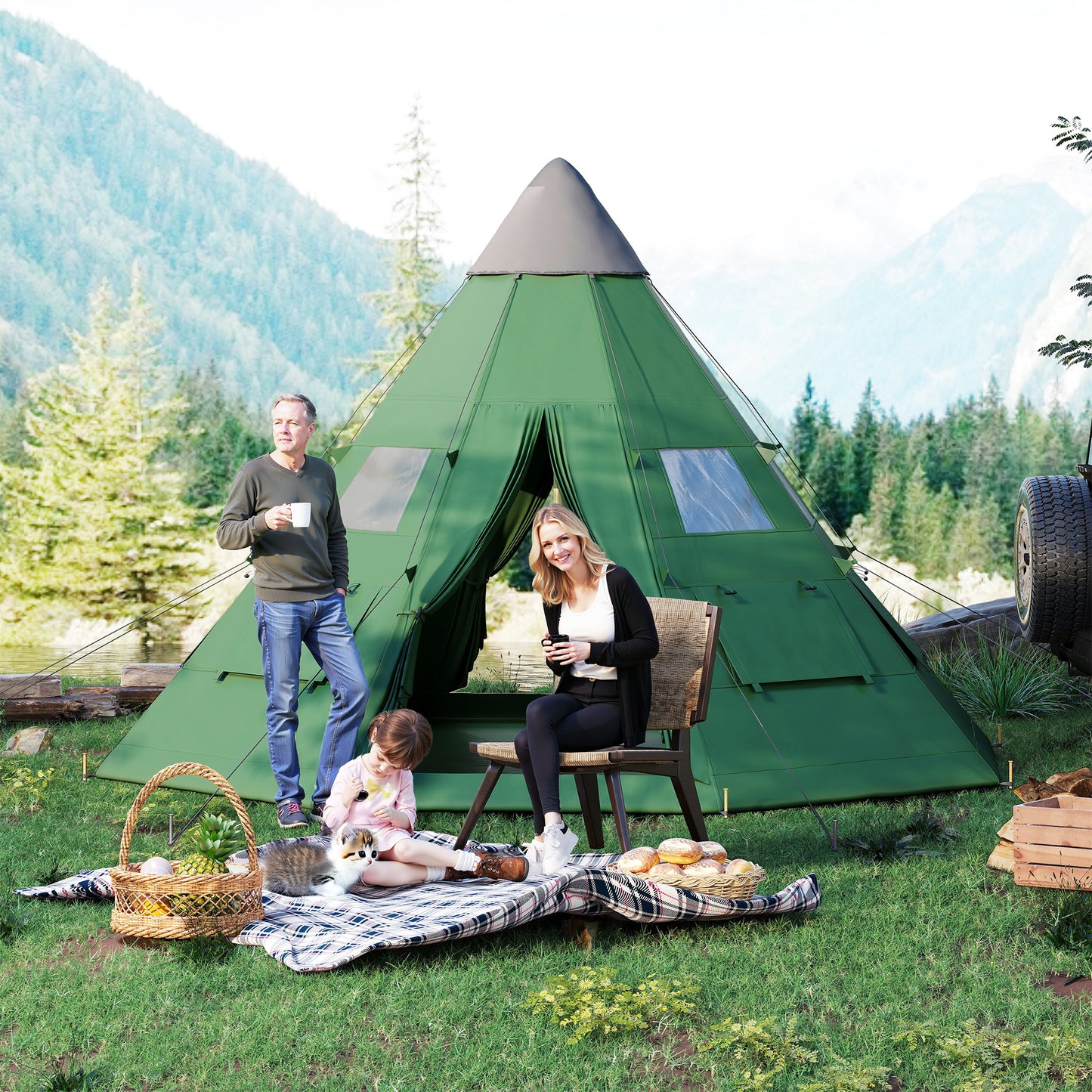 Outsunny 6 Men Tipi Tent with Carry Bag - Green / Orange