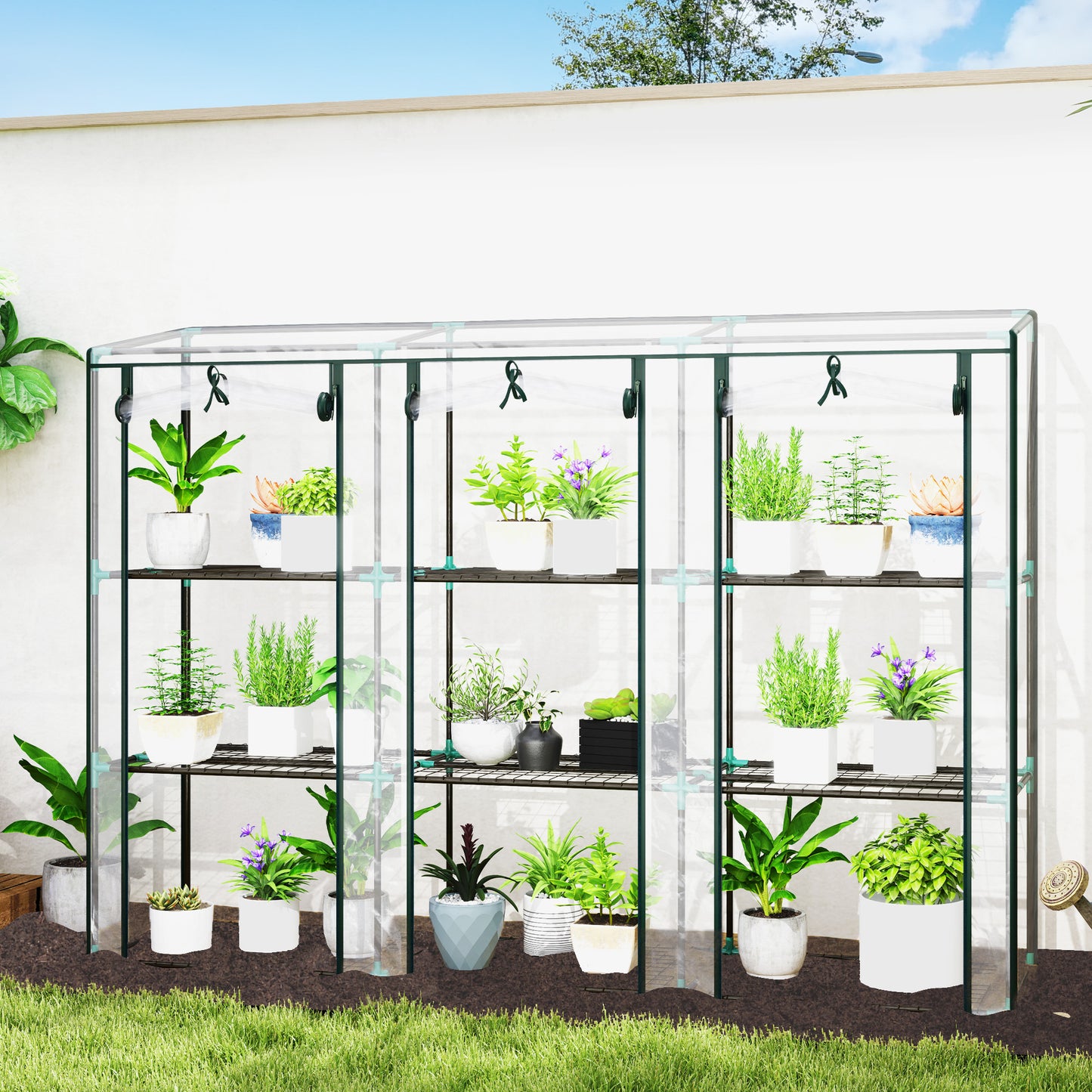 Outsunny 3 Tier Lean-to Mini Greenhouse with Reinforced Plastic Cover, Portable Small Greenhouse with 3 Roll-Up Doors, 215 x 46 x 151cm, Clear