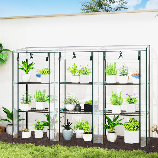 Outsunny 3 Tier Lean-to Mini Greenhouse with Reinforced Plastic Cover, Portable Small Greenhouse with 3 Roll-Up Doors, 215 x 46 x 151cm, Clear