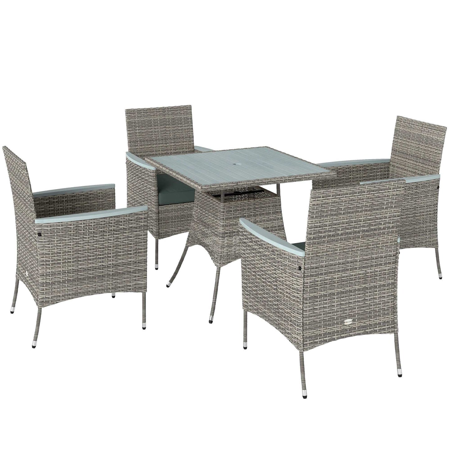 Outsunny Five-Piece Rattan Set, with Wood-Top Table - Teak / Grey