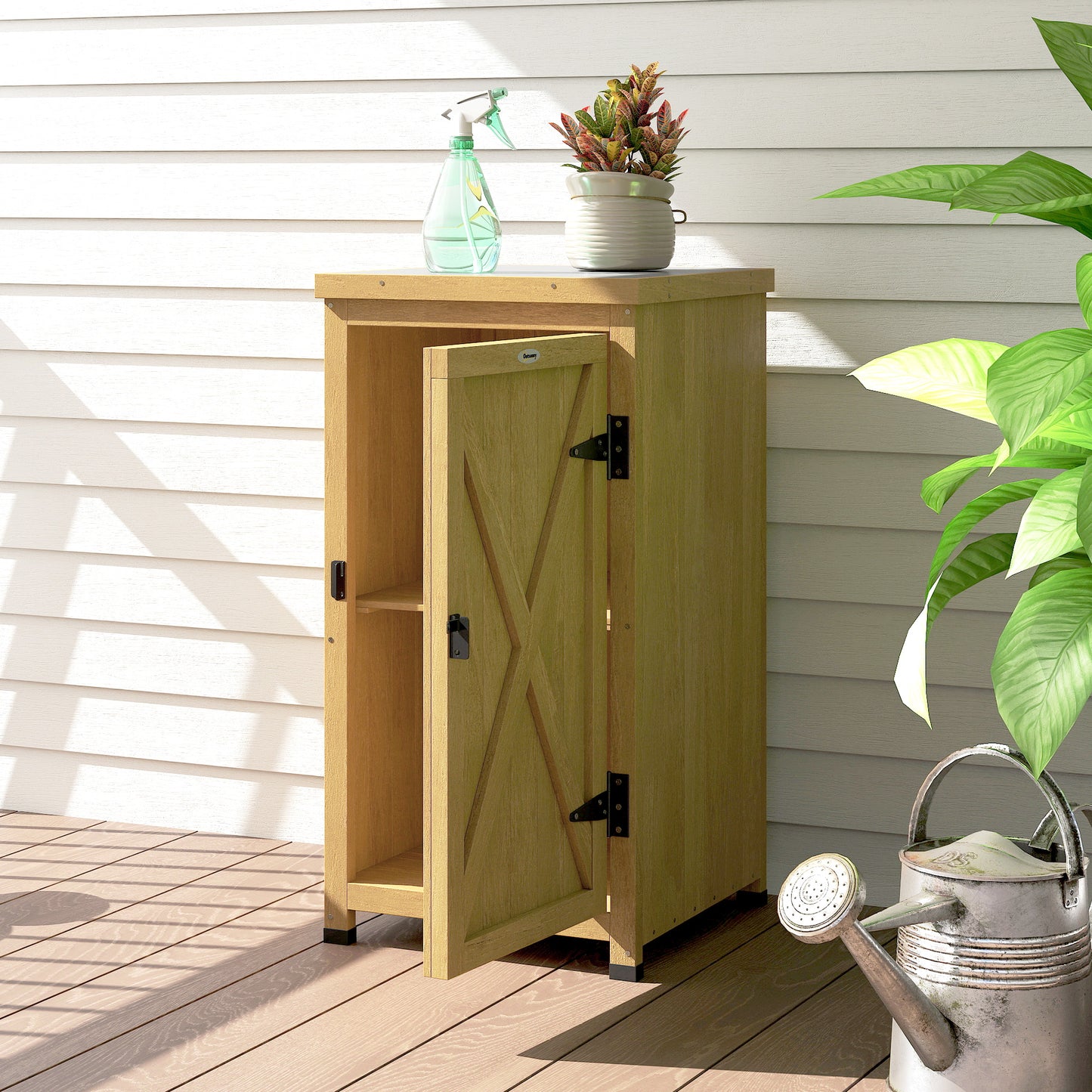 Compact Fir Wood Garden Storage Cupboard | Galvanised Metal Top | 2-Tier Shelf | Metal Clasp Door | 7.5cm Raised Feet | 45x45x85cm | Patio & Balcony | Light Brown