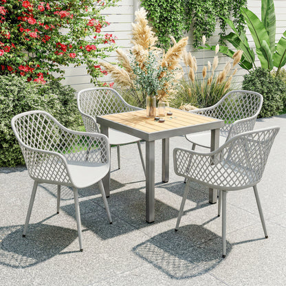 Set of 4 Garden Dining Chairs | Diamond Cut-Out Back | Armrests | Anti-UV PP | 120kg | Grey