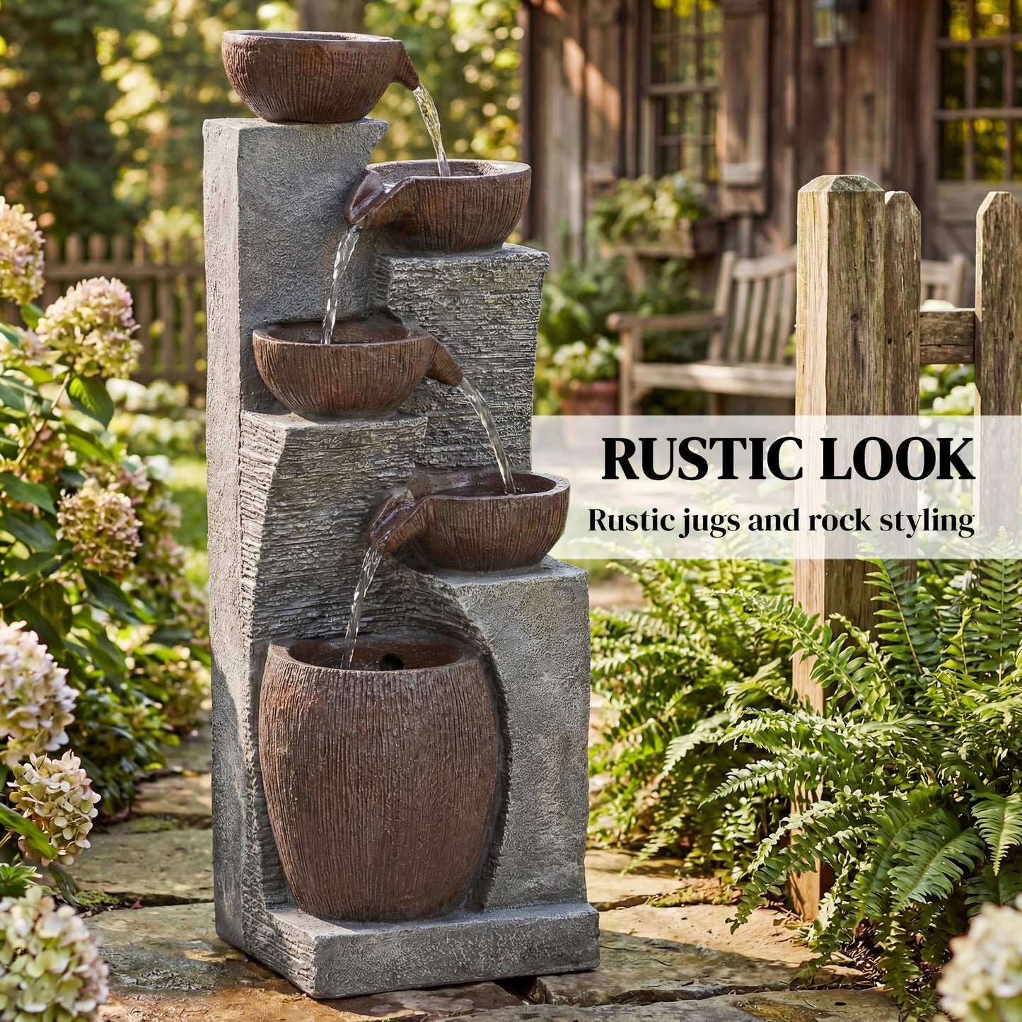 Tall 5-Tier Jug-Style Resin Waterfall Fountain | Hand-Painted Rustic Finish | Warm LED Lights | 3-Speed Adjustable Pump | 16W | 230V | 3m Cable | 35x34x110cm | Garden & Patio | Grey & Rustic Brown
