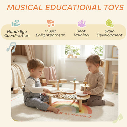 Baby Drum Kit – 4-in-1 Wooden Musical Instruments, 3 Drums, 8-Note Xylophone, Cymbals & Dual-Tone Block, EN71 Tested, Gift-Ready, Ages 2+