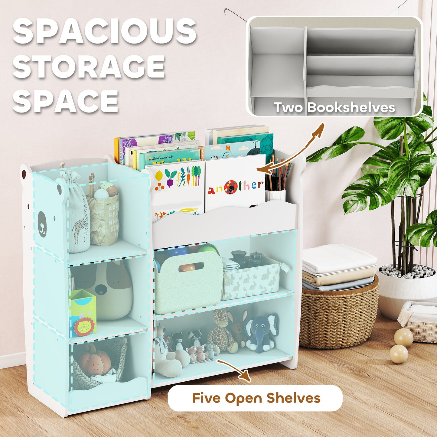 Kids Toy Storage Unit & Bookshelf – Bear Design, Sectioned Shelves, 79cm Child-Height, MDF, For Bedroom, Nursery & Playroom – White