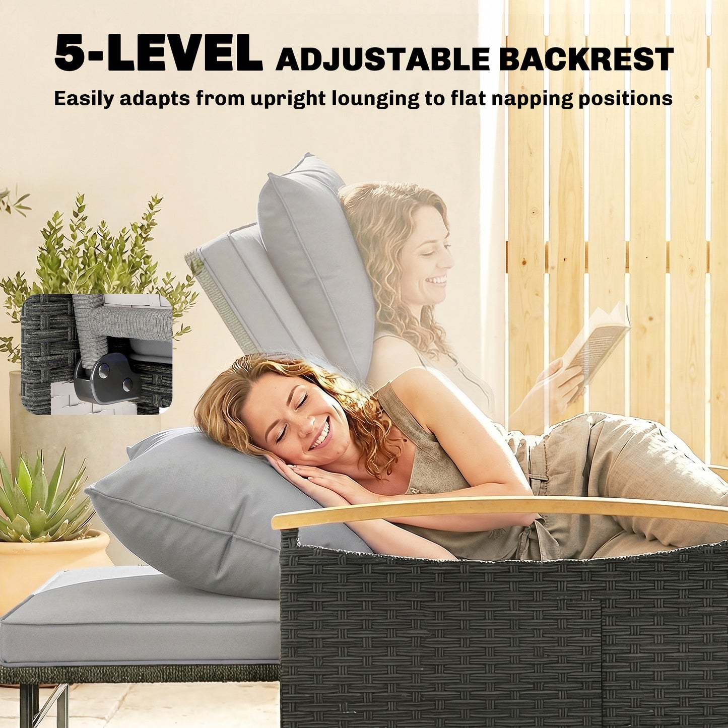 3-in-1 Rattan Garden Daybed | Loveseat to Daybed | Storage Ottoman | 5-Level Adjustable Backrest | 2 Foldable Side Tables | Wood-Effect Armrests | Triple-Strand PE Rattan | 320kg | Dark Grey