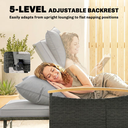 3-in-1 Rattan Garden Daybed | Loveseat to Daybed | Storage Ottoman | 5-Level Adjustable Backrest | 2 Foldable Side Tables | Wood-Effect Armrests | Triple-Strand PE Rattan | 320kg | Dark Grey