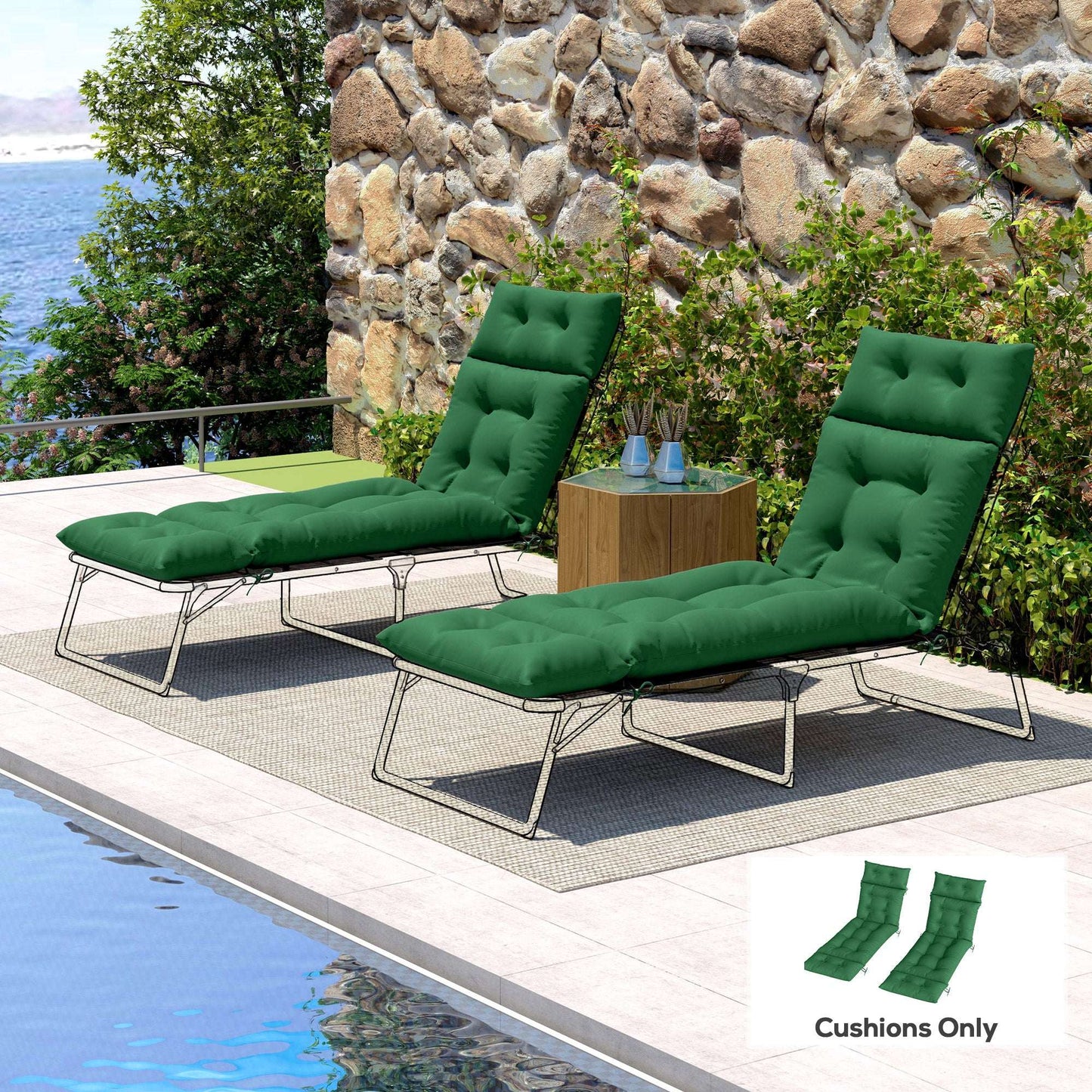 Set of 2 Sun Lounger Cushions | 190x56x10cm | High-Resilience PP Foam | UPF20+ | Fade & Splash Resistant | 220gsm Polyester | 6 Tie Fastenings | Green