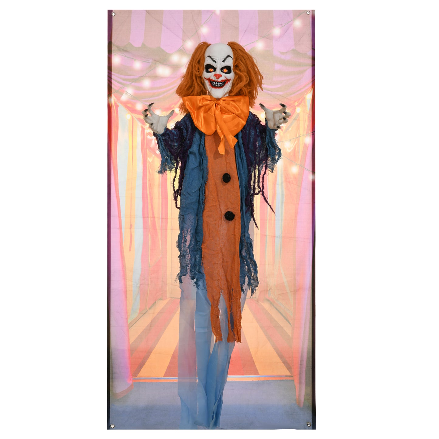 168 cm Life Size Halloween Animated Standing Circus Clown with Red Light Up Eyes, Sound Activated Moving Arms & Body, Scary Clown Halloween Decorations, Battery Operated, Indoor Party Props