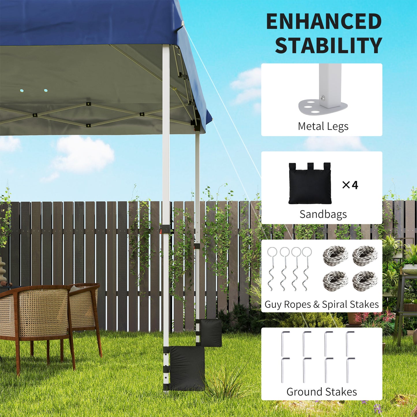 3x3m Pop-Up Gazebo with Flip-Down Wheels & One-Push Central Lock | UPF50+ 210D Oxford Fabric | Top Mesh Vent | 3-Height Adjustment | 4 Sandbags, 4 Guy Ropes & 12 Stakes | Carry Bag | 300x300x273cm | Dark Blue & White