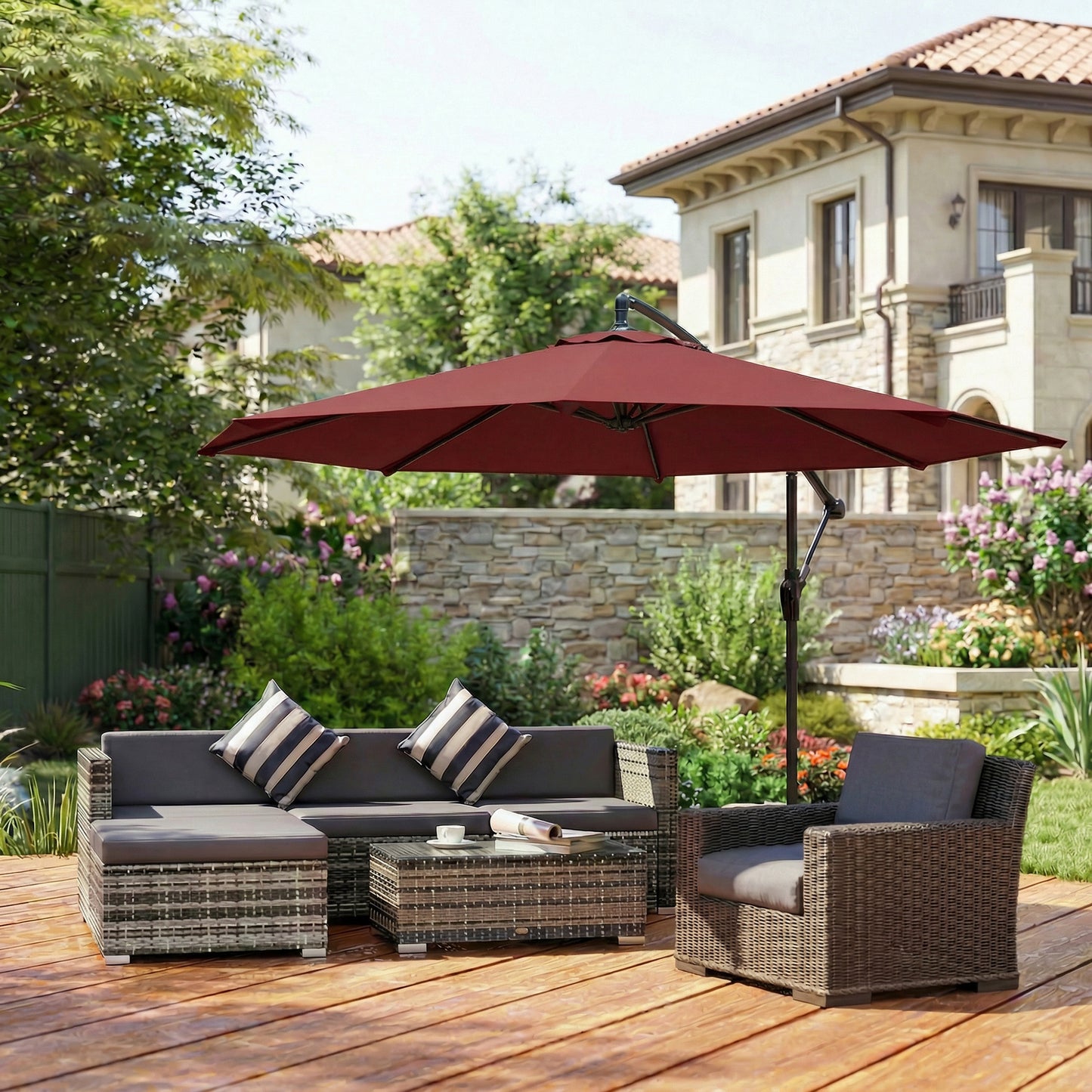 3m Cantilever Parasol with Cross Base | Crank Lift | Adjustable Angle | UV Resistant | 8-Rib | Wine Red