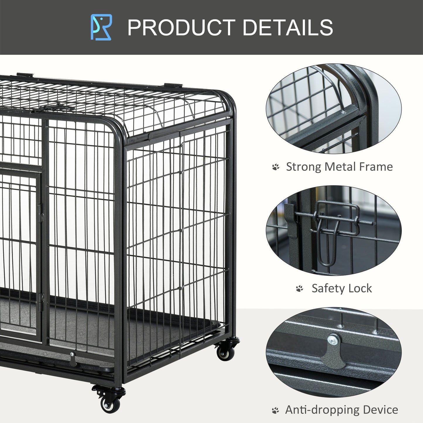 Dog Cage on Locking Wheels | Double-Latch Door | Openable Top | Removable Tray | Foldable | Medium Dogs up to 20kg | 94 x 58 x 76.5cm | Dark Grey