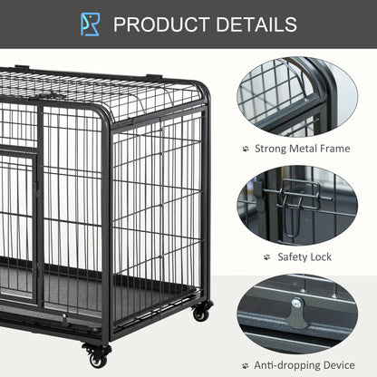 Dog Cage on Locking Wheels | Double-Latch Door | Openable Top | Removable Tray | Foldable | Medium Dogs up to 20kg | 94 x 58 x 76.5cm | Dark Grey
