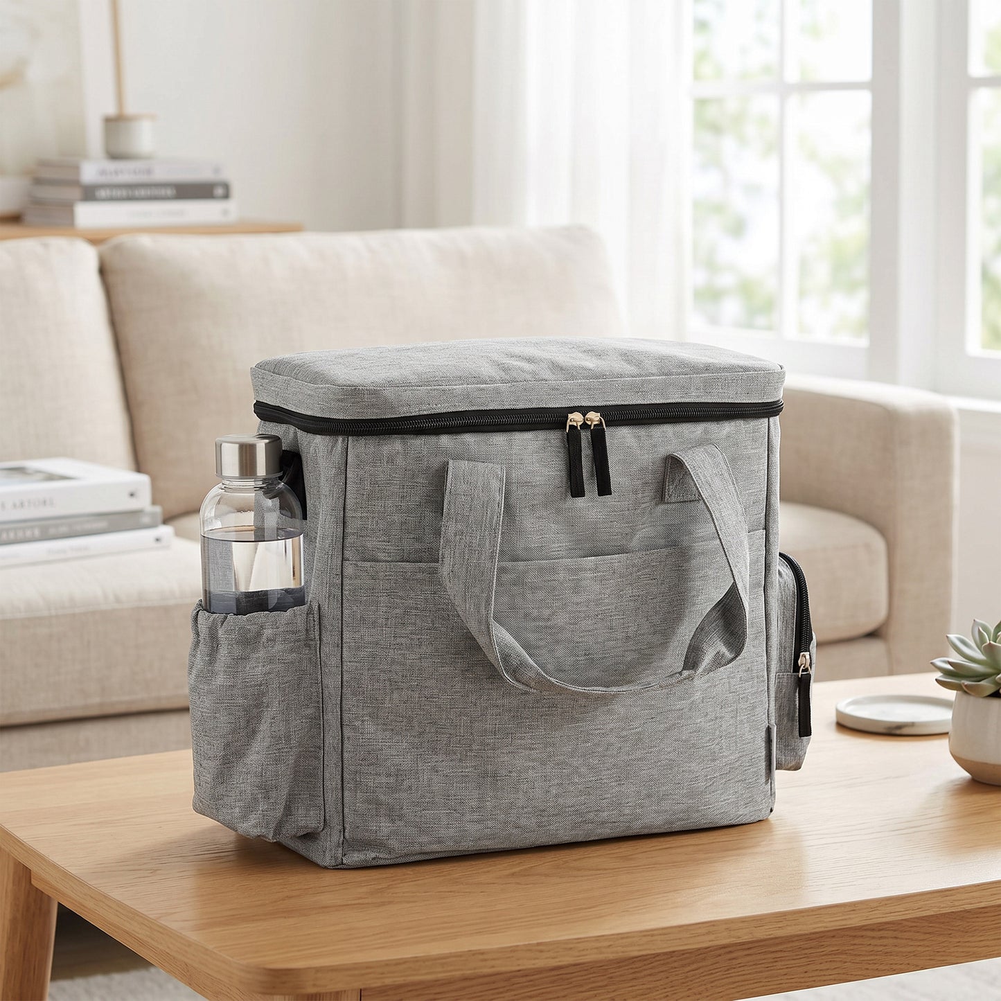 Pet Travel Bag | 2 Insulated Food Containers | Collapsible Bowl | Multiple Pockets | Waterproof 300D Fabric | Adjustable Shoulder Strap | Dogs & Cats | 38 x 17 x 35cm | Light Grey