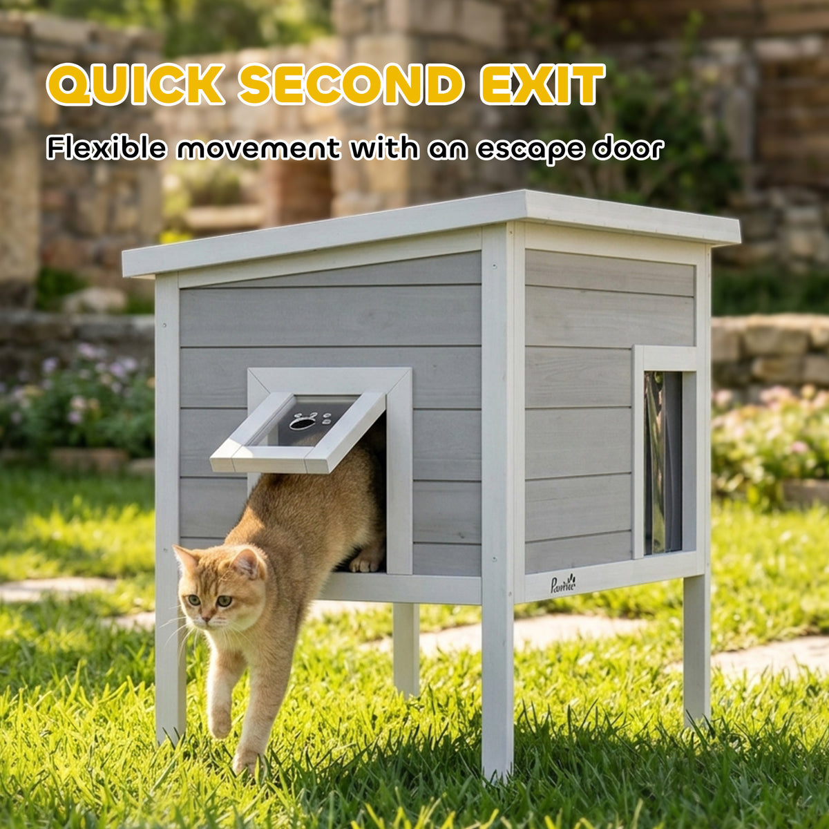 Insulated Outdoor Cat House with Removable Liner | Waterproof Asphalt Roof | 21cm Raised Base | Escape Door | Opening Roof | PVC Door Curtain | Fir Wood | For Cats Up To 6kg | 68x50x65cm | Dark Grey