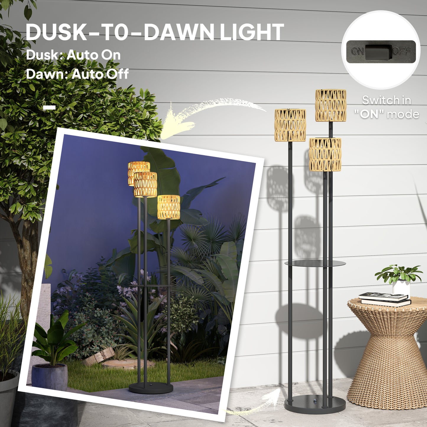 Boho Rattan Floor Lamp, 3-Lights Rattan Lamp with Shelf, Freestanding Solar Garden Light with Auto On/Off Lights, IP44 Waterproof for Porch, Pathway, Deck, Yellow