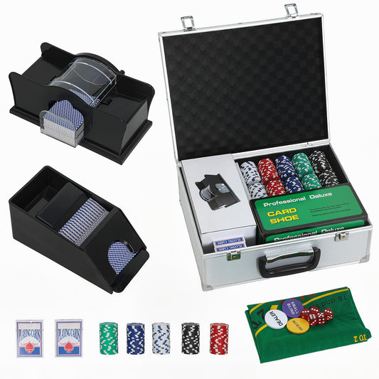 SPORTNOW 300-Piece Poker Chips Set with Card Shuffler, Card Shoe, Case, Casino Texas Holdem Poker Set with Mat, Silver Tone