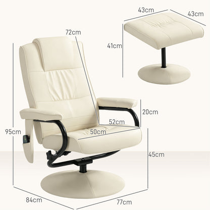 Swivel Recliner Chair and Footstool, Faux Leather Massage Recliner Armchair with Remote Control and Round Wrapped Base, Cream White