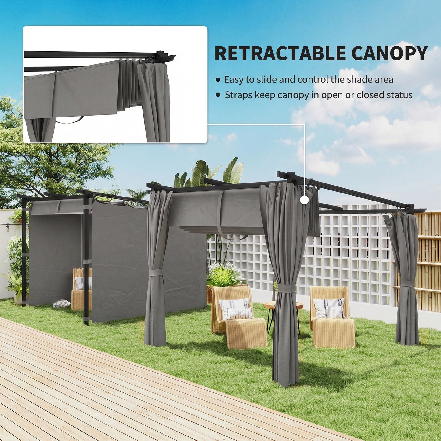 3x3m Retractable Roof Garden Pergola with 3 Side Curtains | UPF30+ Splash-Proof Canopy | Powder-Coated Metal Frame | Windproof Level 5-6 | Snow Load Rated | Ground Stakes | Light Grey