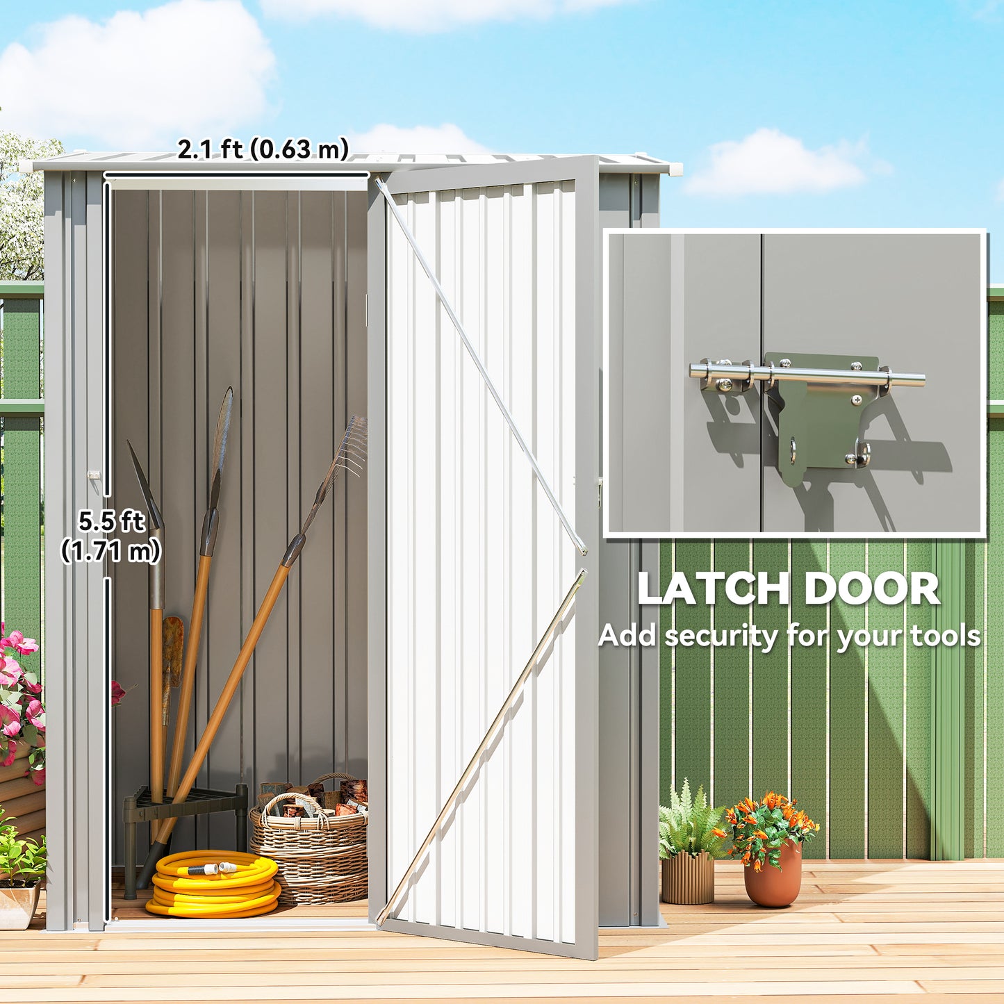 Corrugated Galvanised Steel Garden Storage Shed | Sloped Roof | Tall Latch Door | Pre-Drilled Panels | Weather-Resistant Coat | 142x86x189cm | 1.07m² | Tools & Bins | Aluminium Grey