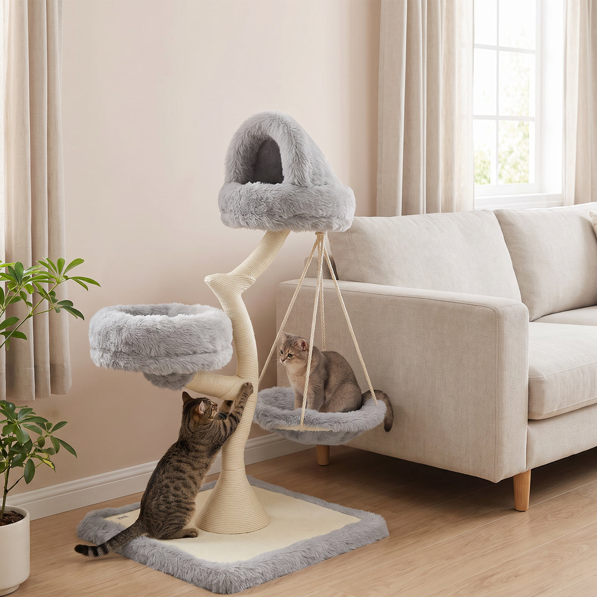 PawHut 115cm Modern Cat Tree | Branch-Style Sisal Scratching Post | 2 Washable Beds & Hanging Hammock | 60cm Base | Light Grey | For 1 Cat up to 6kg