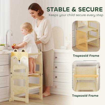 Toddler Learning Tower | Natural 3-in-1 Kitchen Step Stool with Chalkboard & Fox Design