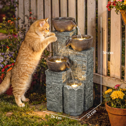 Compact 4-Tier Pot & Pillar Resin Waterfall Fountain | Hand-Painted | Warm White LED Lights | 3-Speed Adjustable Pump | 5W | 230V | 3m Cable | 26x25x50cm | Garden Patio & Balcony | Grey & Rustic Brown
