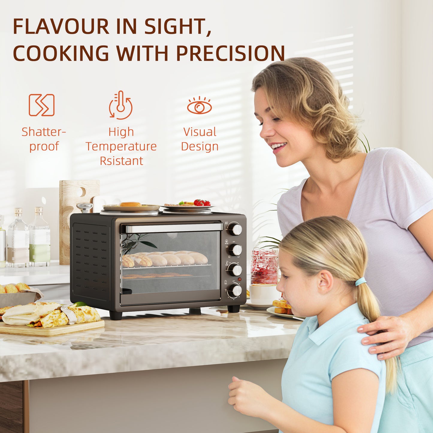 28L Countertop Toaster Mini Oven W/ 2 Hot Plates, Grill, Roast, Bake, Boil, with Timer, Adjustable Temperature, Electric Oven, Black