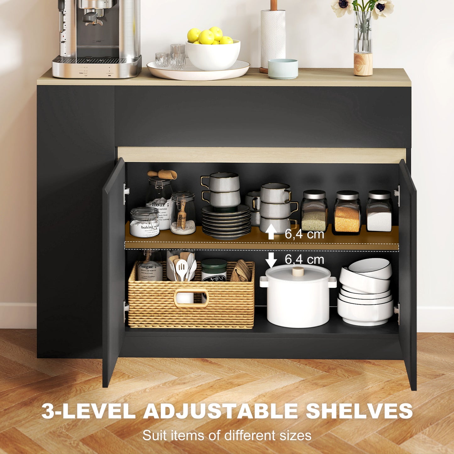 Sideboard & Storage Cabinet | Divided Drawer | 3 Open Shelves | Adjustable Cabinet Shelf | Anti-Tip | 60kg | Black