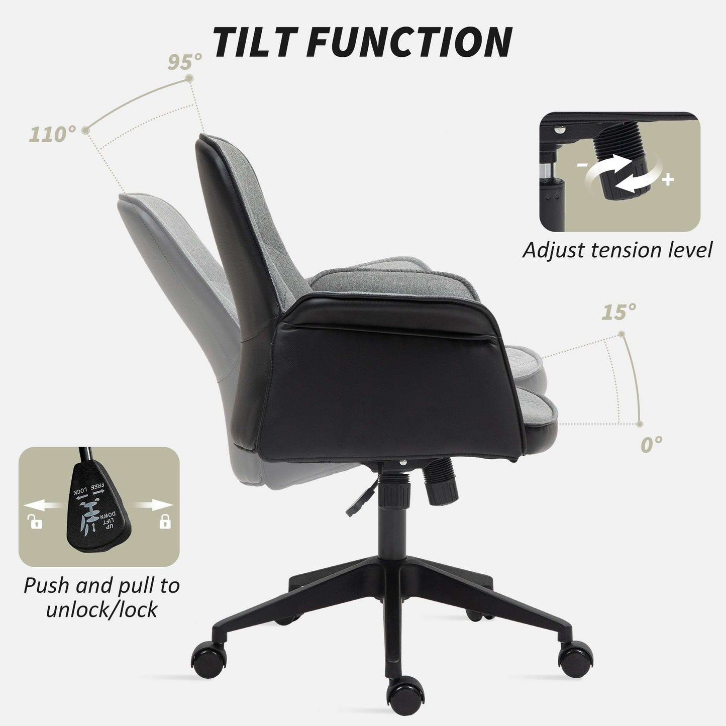 Home Office Chair, Upholstered Linen Desk Chair with Adjustable Height and Tilt Function, Swivel Chair for Home Office and Study Room, Grey