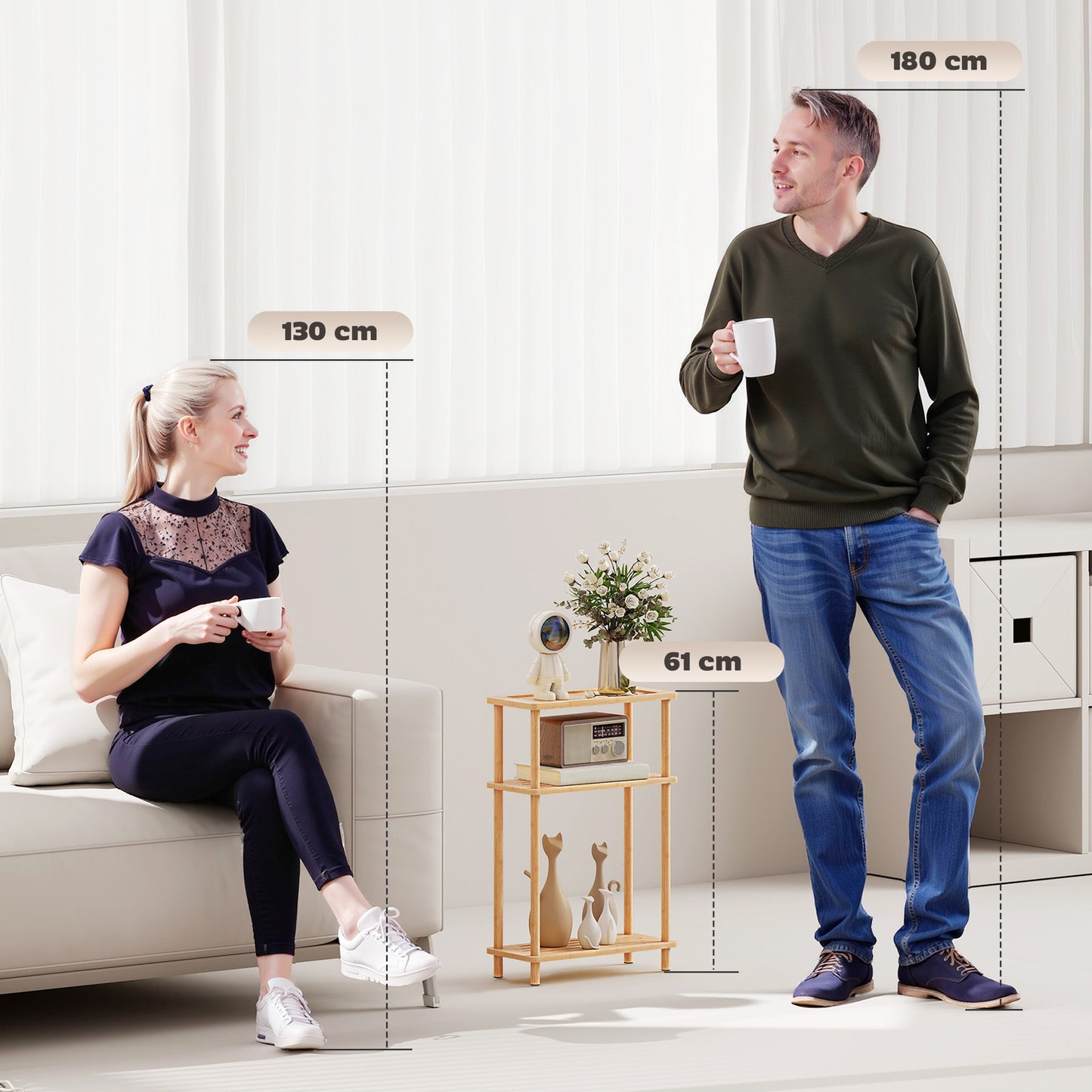 Bamboo Side Table, 3-Tier Slim End Table, Nordic Style, for Living Room, Bedroom, Office, Tool-Free Assembly, Natural Wood Finish