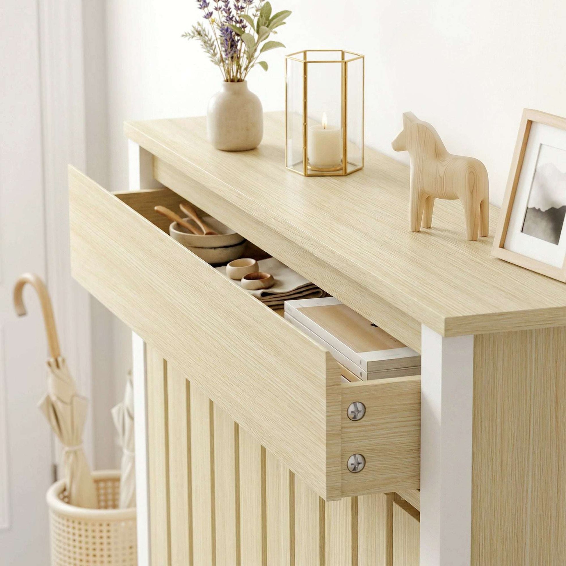 MDF & Particle Board Radiator Cover with 1 Drawer | Vertical Slats | Flat Top Display Surface | Wall Mountable | Pre-Cut Outs | 14kg Capacity | 88.5x19x93cm | Oak & White