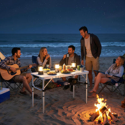 3ft Folding Camping Picnic Table | Tri-Fold | 90x40cm | Water Repellent MDF Top | Mesh Storage Layer | Carry Bag | 35kg | Cream White
