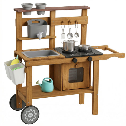 Children's Wooden Mud Kitchen with Wheels – Running Water Tap, Stove, Flower Pots & 12 Stainless Steel Accessories, Ages 3–6