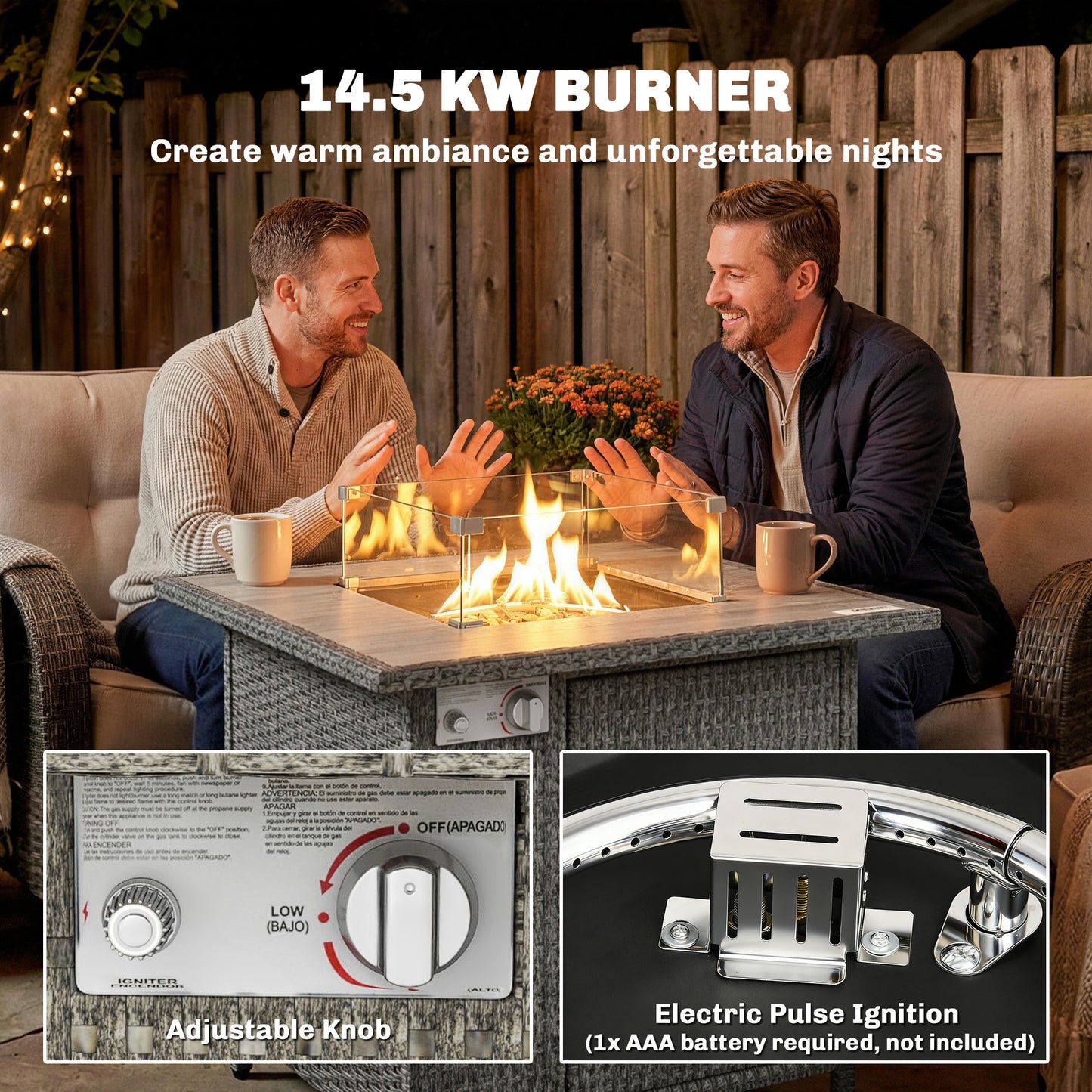 Rattan Gas Fire Pit Dining Table | 50,000 BTU 14.5KW Smokeless Burner | Adjustable Flame | Glass Wind Guard & Spark Mesh | Rain Cover | Lava Rocks | Lid | 71x71x62cm | Dark Grey
