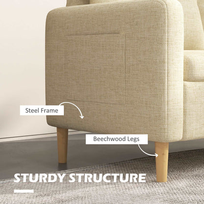 143cm 2 Seater Sofa for Living Room, Modern Fabric Couch, Loveseat Sofa Settee with Wood Legs and 2 Pockets for Bedroom and Home Office, Beige