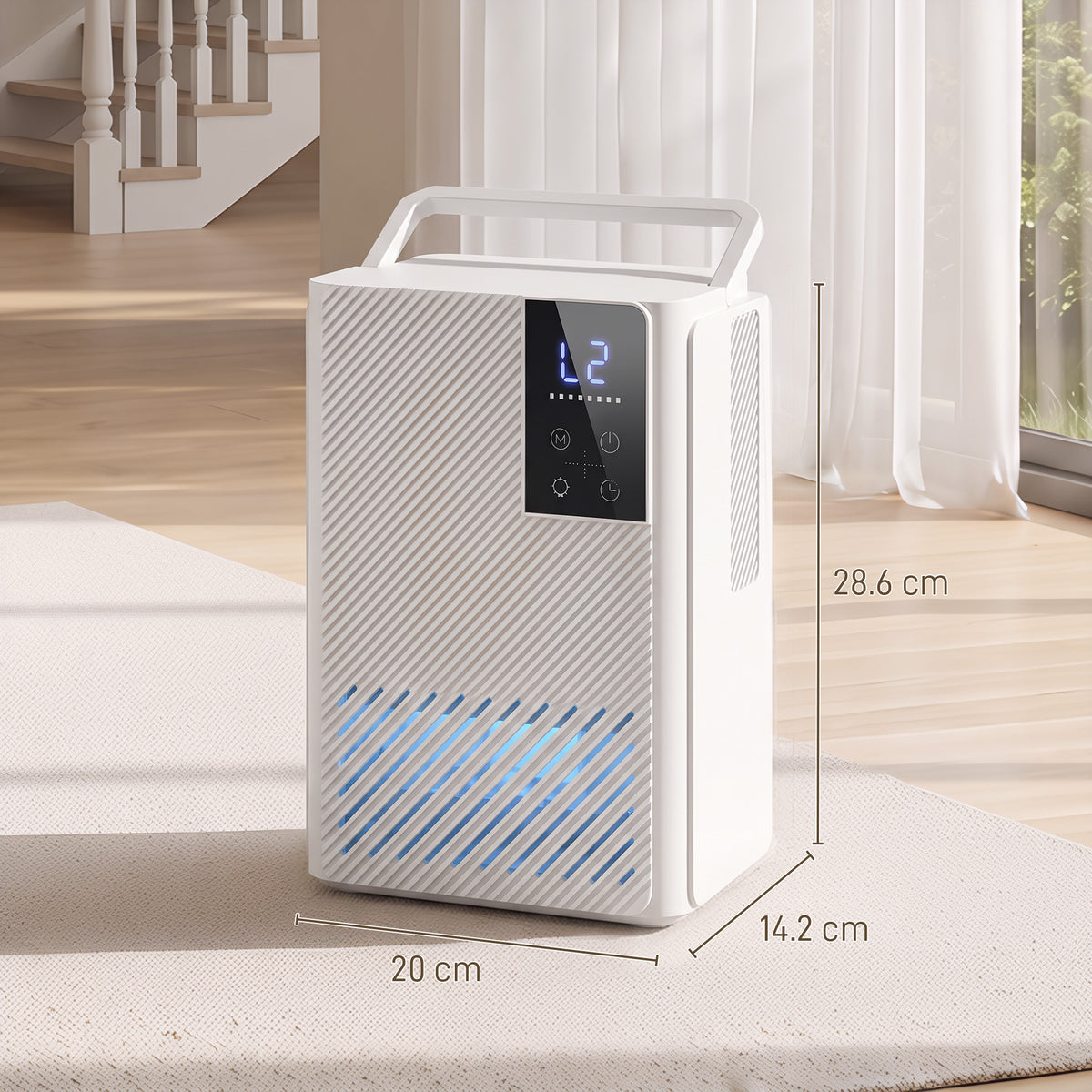 400ml/Day Small Dehumidifier | 2L Tank (120hrs) | 7-Colour RGB Mood Light | 43dB Sleep Mode | 2–24H Timer | LED Touch Panel | Auto Shut-Off & Defrost | 15m² | ABS | 20x14.2x28.6cm | White