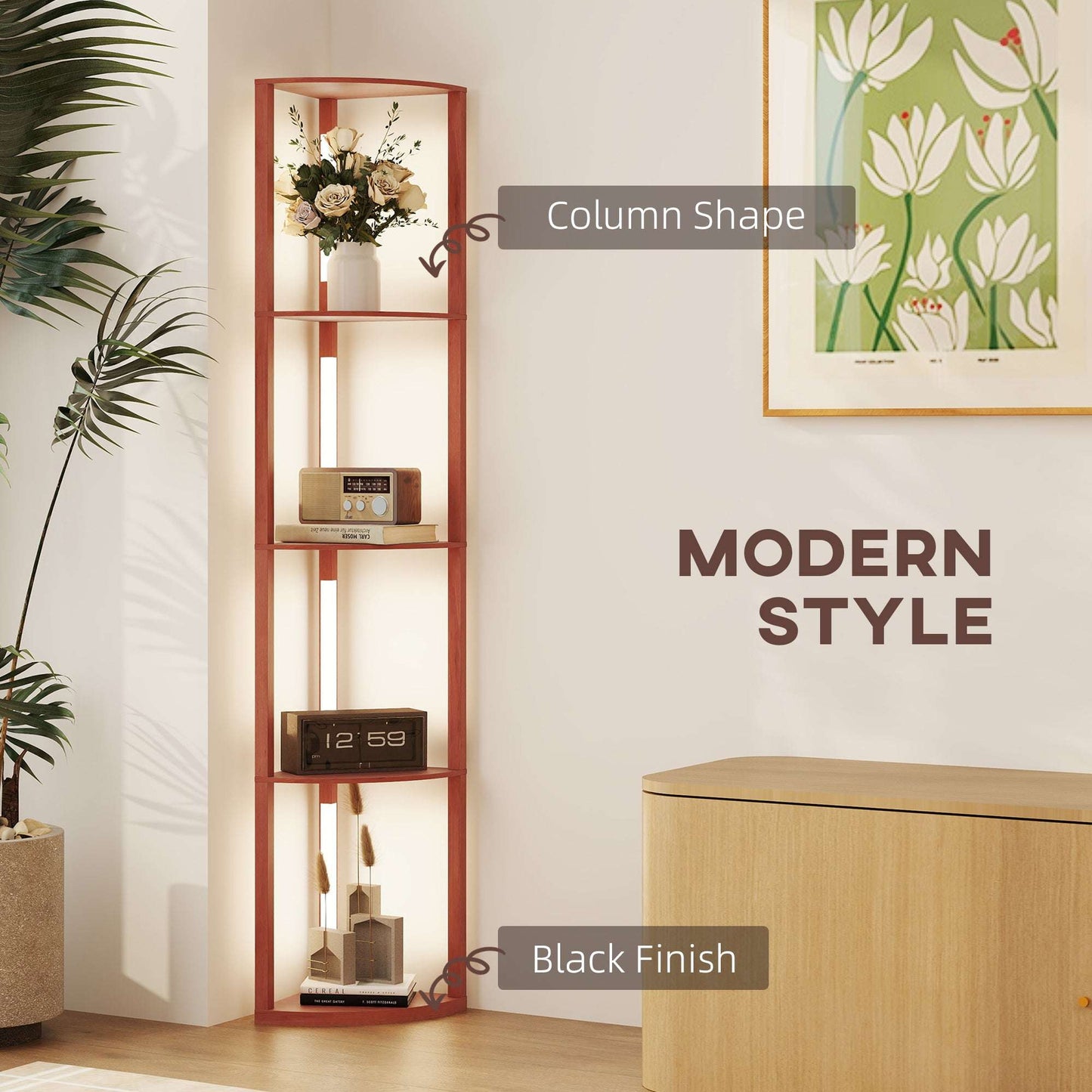 Corner Floor Lamp for Living Room Bedroom with Dimmable Warm White LED Light, Modern Tall Standing Lamp, Brown