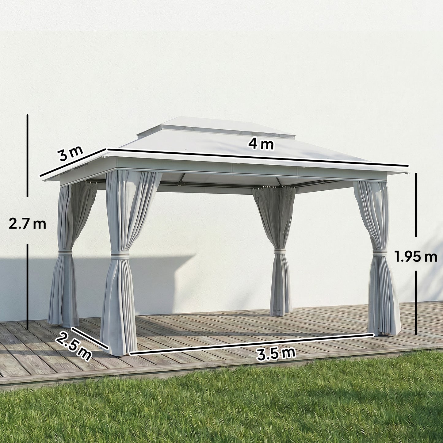 4x3m Permanent Garden Gazebo | Double-Tier UPF50+ Polyester Roof | Mesh Netting & Privacy Curtains | Drainage Holes | Powder-Coated Metal Frame | 8 Expansion Screws & 8 Ground Stakes | 4 Guy Ropes | 400x300x270cm | Dark Grey