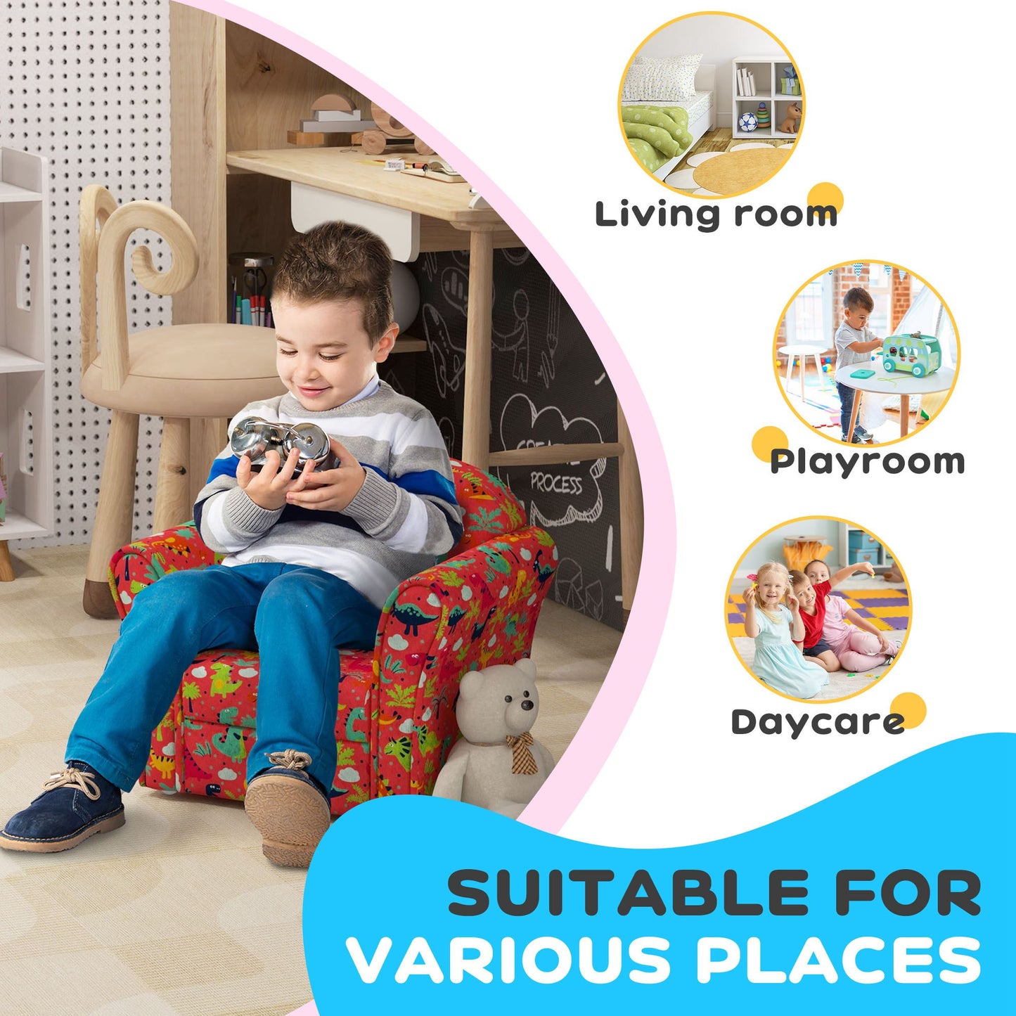 Kids Armchair with Dinosaur / Flamingo Design, Wooden Frame, for Bedroom, Playroom, Kids Room - Different Styles