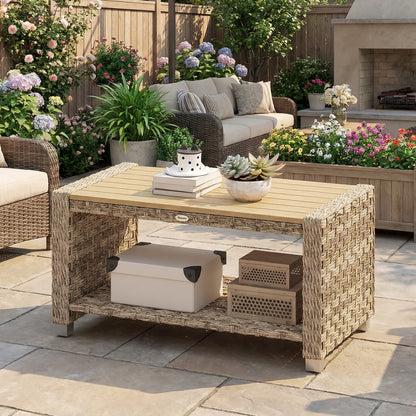 2-Tier Rattan Garden Coffee Table | Storage Shelf | Slatted Top | 50kg | Foot Pads | Light Brown