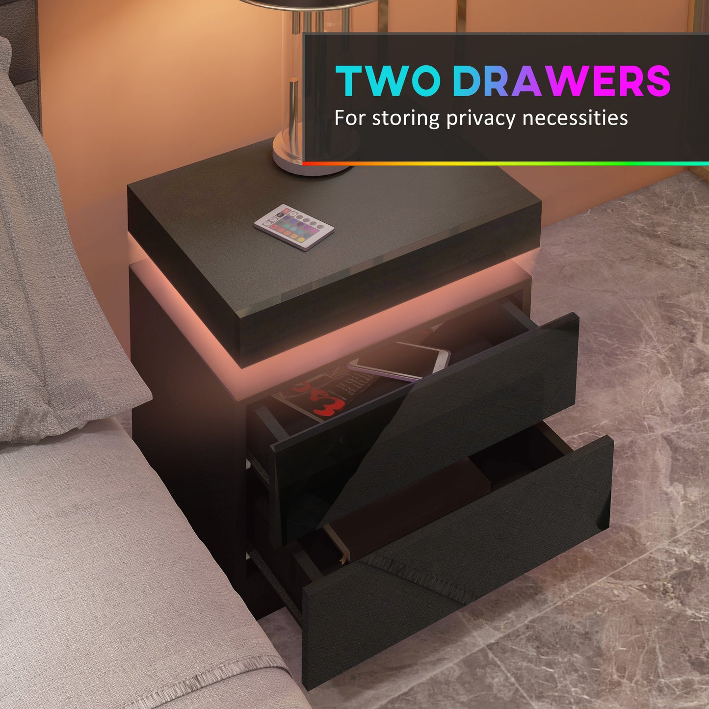 Set of 2 High Gloss Bedside Tables | RGB LED Light | 2 Drawers | Black