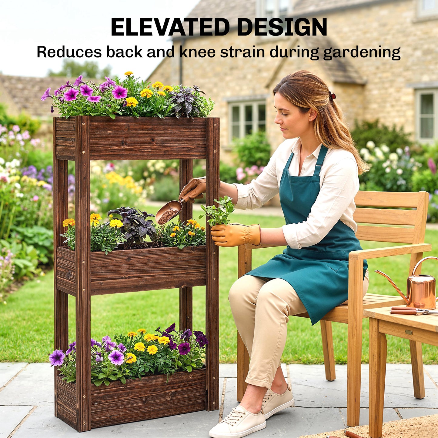 3-Tier Wooden Raised Planter, Raised Garden Bed on Legs with Drainage Holes and Bed Liner, Elevated Garden Planter