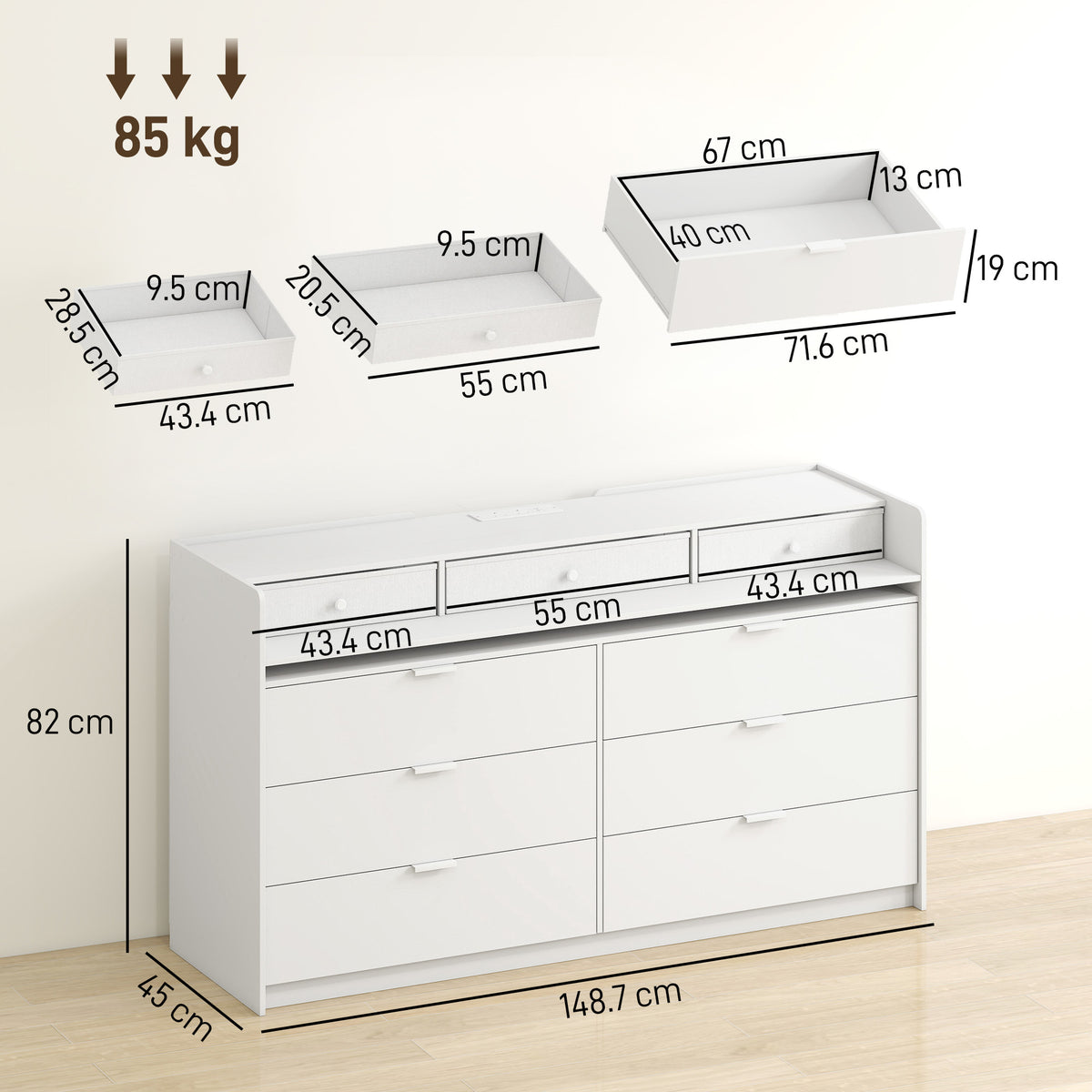 Chest of 9 Drawers with LED Strip & Charging Station | White MDF | 148.7x45x82cm | 2700-6500K Bluetooth | 2 UK Outlets USB-A USB-C | TV Stand up to 65in | Anti-Tip | 85kg