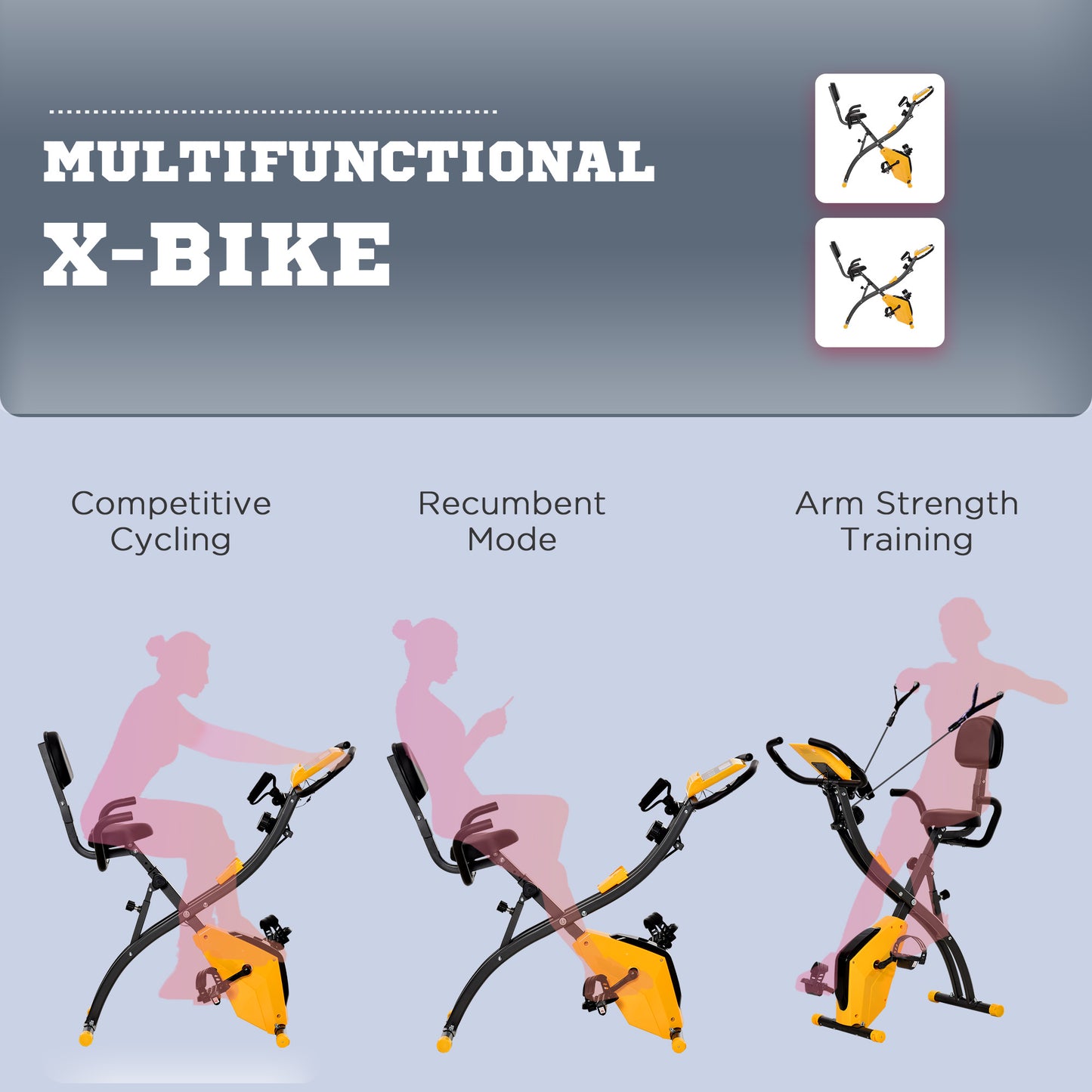2-in-1 Folding Exercise Bike with 8-Level Magnetic Resistance, Arm Resistance Band, Pulse Sensor, Yellow