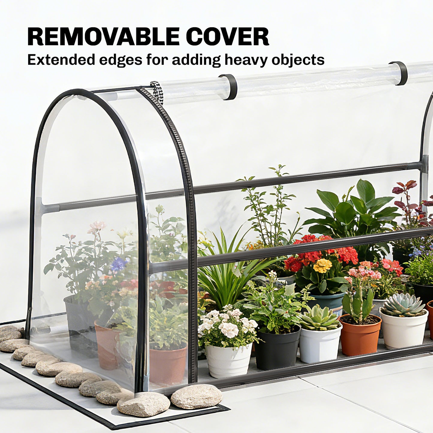 Raised Garden Bed on Legs with Flip-Up Greenhouse Cover | Transparent | Zipped Roll-Up Door | Removable Cover | 0.6mm Metal | Drainage Hole | 80kg | 100x49x136cm | Black