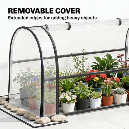 Raised Garden Bed on Legs with Flip-Up Greenhouse Cover | Transparent | Zipped Roll-Up Door | Removable Cover | 0.6mm Metal | Drainage Hole | 80kg | 100x49x136cm | Black