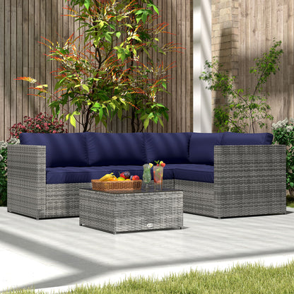 PE Rattan Garden Furniture Set with 10 cm Thick Cushions, 4 Seater Garden Corner Sofa Set W/ Glass Top Coffee Table, Outdoor Furniture